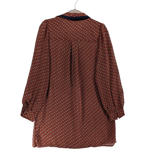 Maddy K Printed Tunic L‎ Orange Long Collared Top Button Up Blouse Everyday Work - Picture 2 of 7
